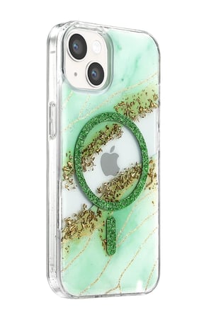 DEFNE STORE Onegif iPhone 15 Uyumlu Lotus Simli Magsafe Kapak - Yeşil DFNBEZ