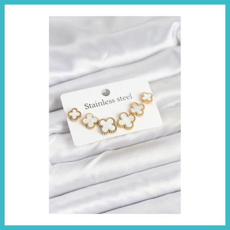 DEFNE STORE 316L Çelik Gold Beyaz Renk 3 Boy Yonca Küpe Seti DFNBEZ