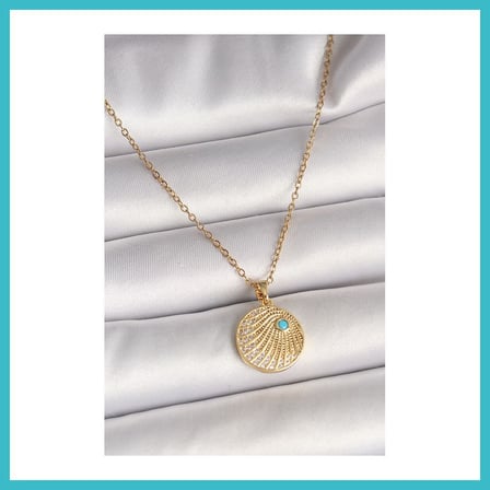 DEFNE STORE 316L Çelik Gold Renk Zincir Zirkon Taş İşlemeli Mavi Taş Detaylı Madalyon Model Kadın Kolye DFNBEZ