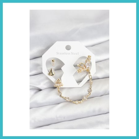DEFNE STORE Pirinç Gold Renk Yıldızlı Model Zincir Bağlantılı Ear Cuff Küpe Seti DFNBEZ