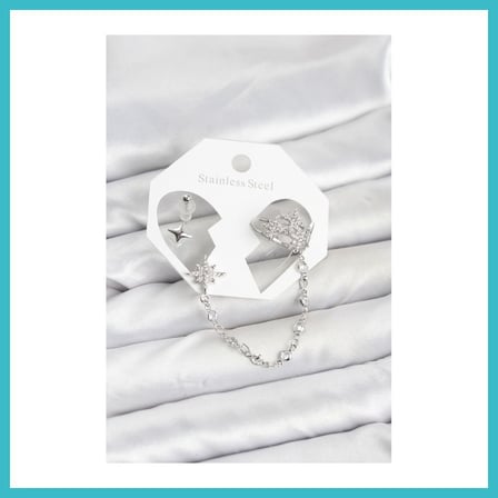 DEFNE STORE Kutup Yıldızı Model Pirinç Gümüş Renk Zincir Bağlantılı Ear Cuff Küpe Seti DFNBEZ