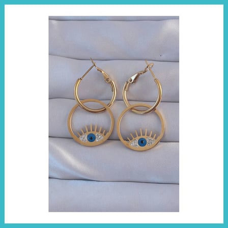 DEFNE STORE 316L Çelik Gold Renk Zirkon Taşlı Mavi Göz Tasarımlı Halka Küpe DFNBEZ
