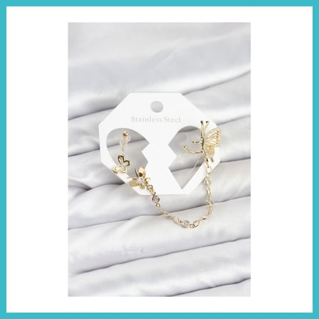 DEFNE STORE Kelebekli Model Pirinç Gold Renk Zincir Bağlantılı Ear Cuff Küpe Seti DFNBEZ