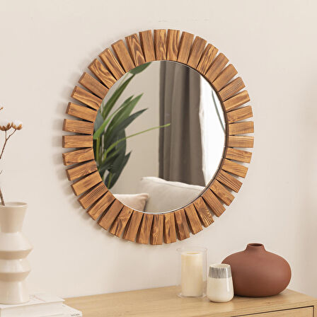 Dfn Wood Masif Ahşap 2'li Yuvarlak Dekoratif Duvar Salon Banyo Aynası 70,60 Cm