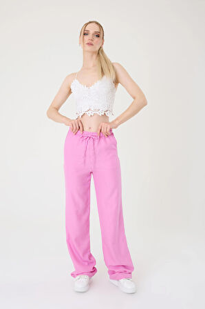 Kadın Pembe Keten Karışımlı Bol Kesim Pantolon