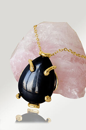 Sertifikalı AAA+ Damla Model Siyah Turmalin Taşı Kolye - Altın Renkli