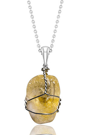 Sertifikalı Ham Tel Sargılı Sitrin Taşı Kolye