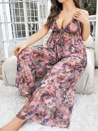 Arias Closet Özel Tasarım Büyük Beden Çiçek Desenli Bol Kesim 'li Pijama Takımı