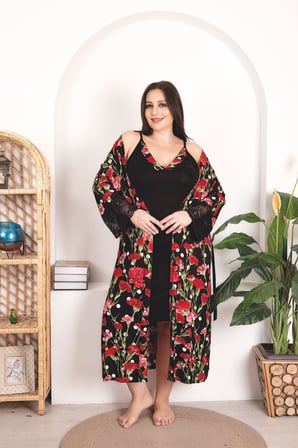 Arias Closet Büyük Beden Kırmızı Çiçek Desenli Dantel İşlemeli 'li Viskon Siyah Gecelik Sabahlık Takımı
