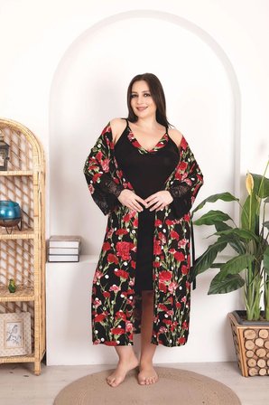Arias Closet Büyük Beden Kırmızı Çiçek Desenli Dantel İşlemeli 'li Viskon Siyah Gecelik Sabahlık Takımı
