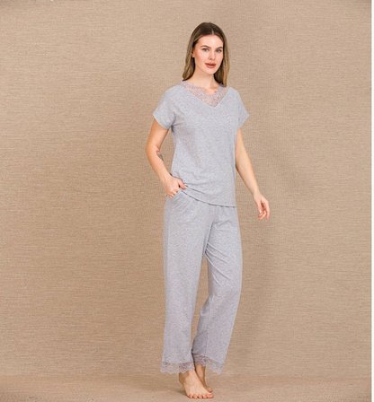 Arias Closet Viskon Şık Tasarım Dantel İşlemeli Gri Kısa Kol Pijama Takımı