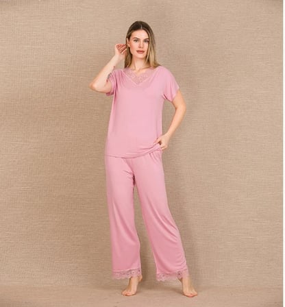 Arias Closet Viskon Şık Tasarım Dantel İşlemeli Pembe Kısa Kol Pijama Takımı