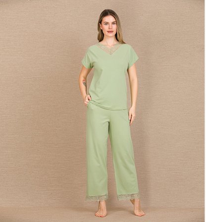 Arias Closet Pamuklu Şık Tasarım Dantel İşlemeli Yeşil Kısa Kol Pijama Takımı