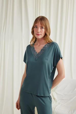Arias Closet Kısa Kollu V Yakalı Dantelli Pijama Takımı