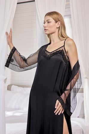 Arias Closet Dantelli Tüllü ve Dekolteli Saten Sabahlık Takımı