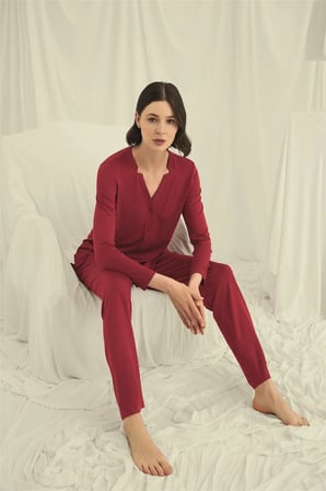 Arias Closet Uzun Kollu Boydan Düğmeli V Yaka Pijama Takımı