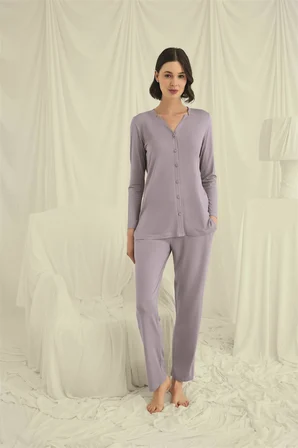 Arias Closet Uzun Kollu Boydan Düğmeli V Yaka Pijama Takımı