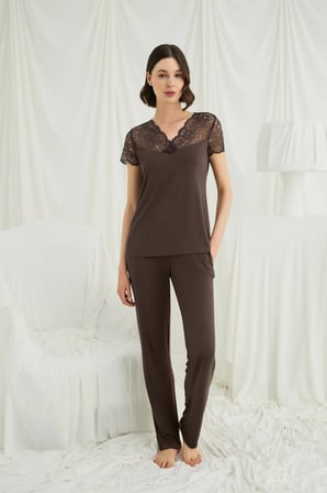 Arias Closet Kısa Kollu ve Dantelli V Yaka Pijama Takımı