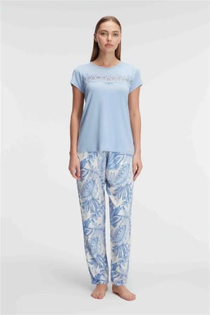 Arias Closet Kısa Kol Bisiklet Yaka Kadın Viskon Çiçek Desenli Yazlık ÖRME Dantel Detaylı Pijama Takımı