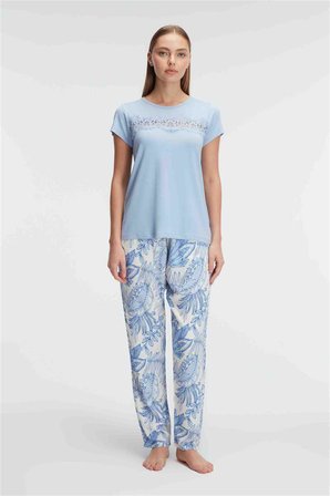 Arias Closet Kısa Kol Bisiklet Yaka Kadın Viskon Çiçek Desenli Yazlık ÖRME Dantel Detaylı Pijama Takımı