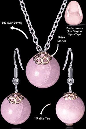 Sertifikalı Küre Model Pembe Kuvars Taşı Kolye ve Küpe Seti - Açık Renk