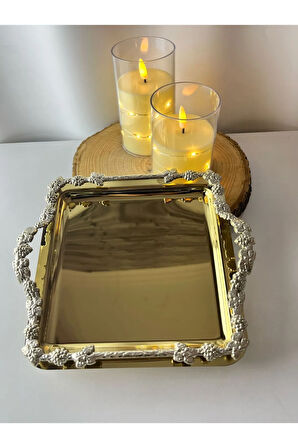 GÜMÜŞ SALKIM KULP GOLD TASARIM KAHVE SUNUM TEPSİSi SETİ 2 KİŞİLİK 2 ADET