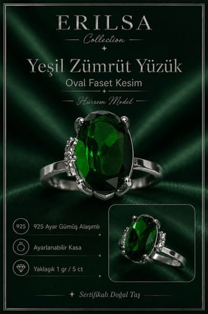 Sertifikalı Yeşil Zümrüt Hürrem Model Oval Faset Kesim 5 Karat 925 Ayar Gümüş Ayarlanabilir Yüzük