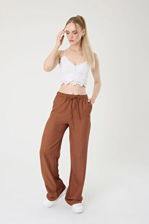 Kadın Kahverengi Keten Karışımlı Bol Kesim Pantolon