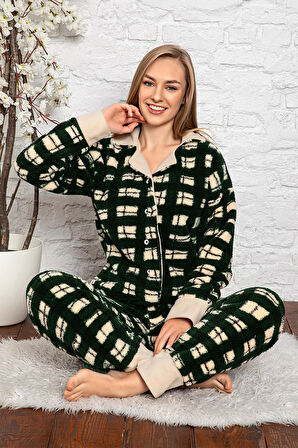 Nisanca Desenli Tam Peluş Kışlık Yılbaşı Kadın Pijama Takımı 