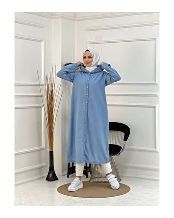 Denim Kapşonlu Kap- Denin Pardesü Mavi-75