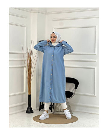 Denim Kapşonlu Kap- Denin Pardesü Mavi-75