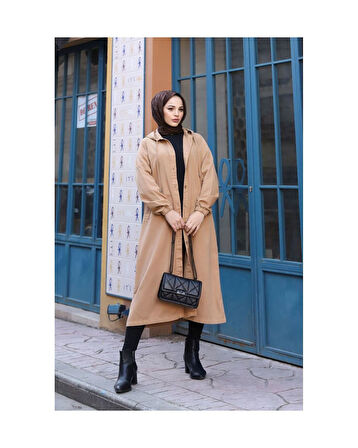 Denim Kapşonlu Kap- Denim Pardesü Badem-1352