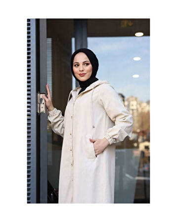 Denim Kapşonlu Kap- Denim Pardesü Ekru-1361