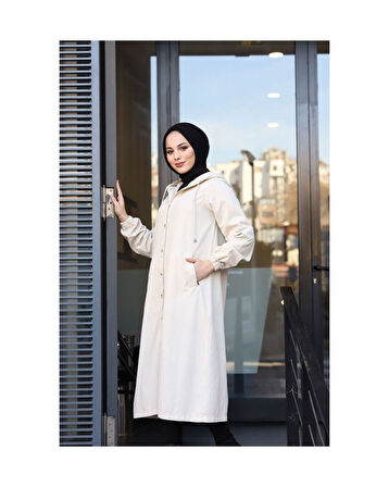 Denim Kapşonlu Kap- Denim Pardesü Ekru-1361