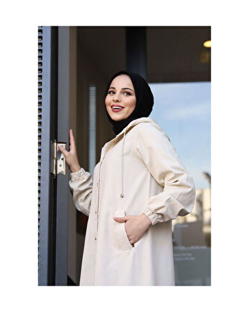 Denim Kapşonlu Kap- Denim Pardesü Ekru-1361