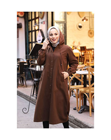 Denim Kapşonlu Kap- Denim Pardesü Kahverengi-1343