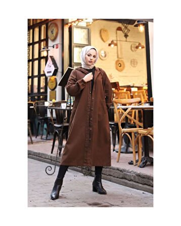 Denim Kapşonlu Kap- Denim Pardesü Kahverengi-1343