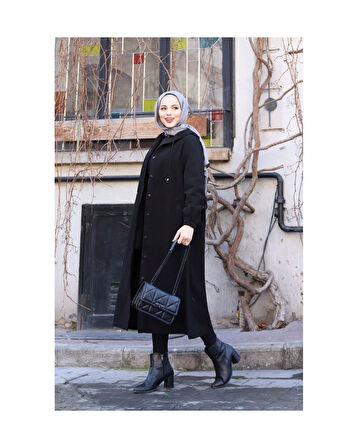 Denim Kapşonlu Kap- Denim Pardesü Siyah-1388