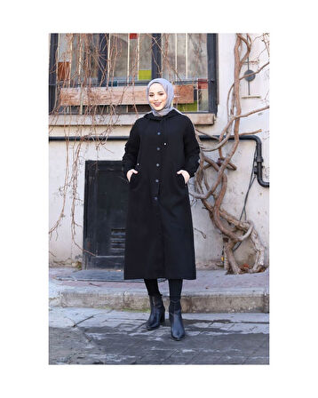 Denim Kapşonlu Kap- Denim Pardesü Siyah-1388