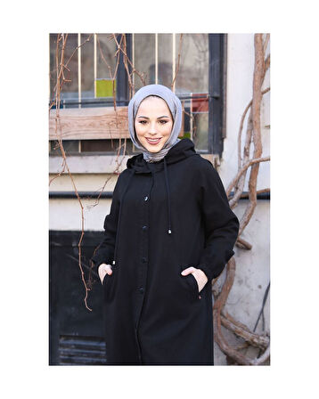 Denim Kapşonlu Kap- Denim Pardesü Siyah-1388