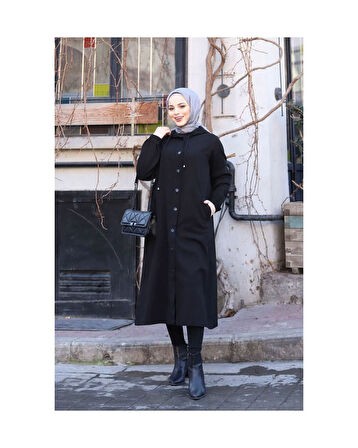 Denim Kapşonlu Kap- Denim Pardesü Siyah-1388