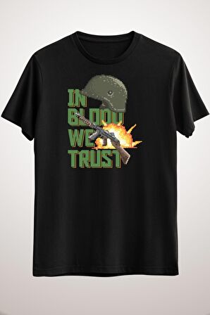 Erkek Siyah In Blood We Trust, 80's Military Pixel Graphics