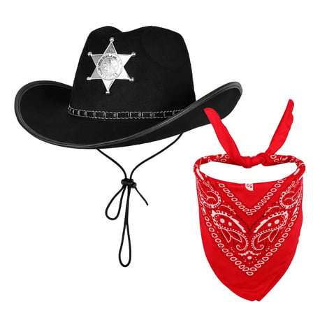 Çocuk Kovboy Şapka Rozetli Siyah &amp; Kırmızı Bandana Fular Seti