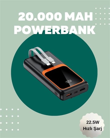 Dijital Ekranlı 20.000 mAh Powerbank | 22.5W Hızlı Şarj + Çoklu Bağlantı Seçeneği