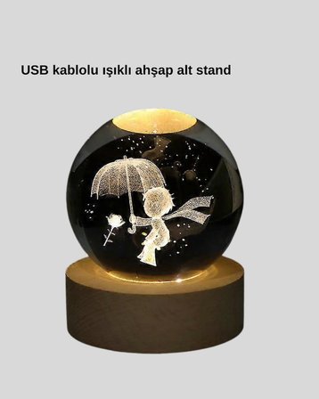 LED Aydınlatmalı 3D Küçük Prens Kristal Küre Ahşap Standlı Masa Gece Lambası
