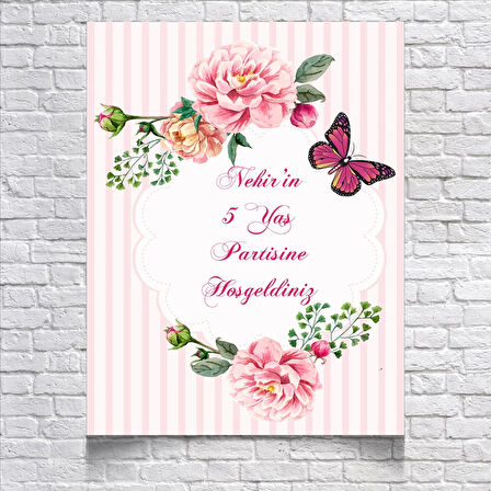 Çiçek Kelebek Temalı Doğum Günü Karşılama Afişi 100X150 cm