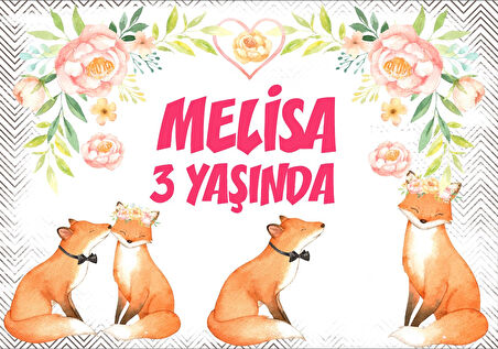 Tilki ve Çiçek Temalı Doğum Günü Afişi - 50x70 Cm