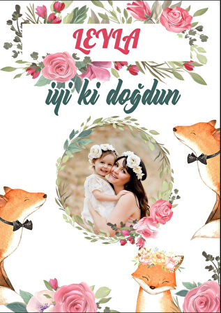 Çiçekler ve Tilki Temalı Doğum Günü Afişi - 50x70 Cm