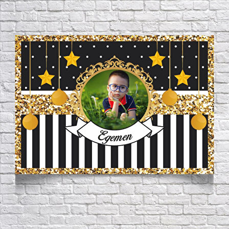 Siyah Beyaz Çizgili Gold Çerçeveli Doğum Günü Afişi 70X100 cm