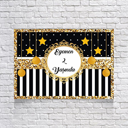 Siyah Beyaz Çizgili Gold Çerçeveli Doğum Günü Afişi 35X50 cm
